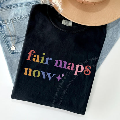 Fair Maps Now Care & Resist rainbow Comfort Colors tee, Black