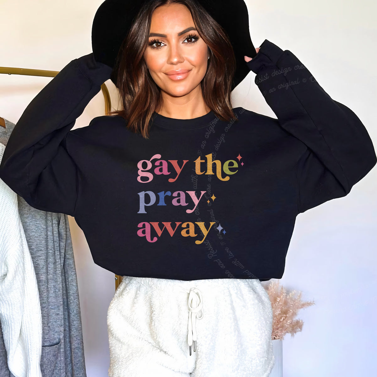 Gay the Pray Away Care & Resist Gildan crewneck sweatshirt in Black