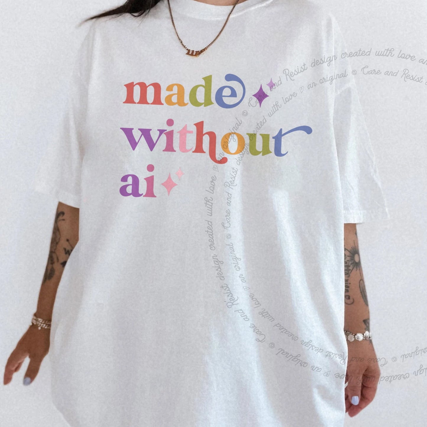 Made Without Ai Care & Resist rainbow Comfort Colors tee, White