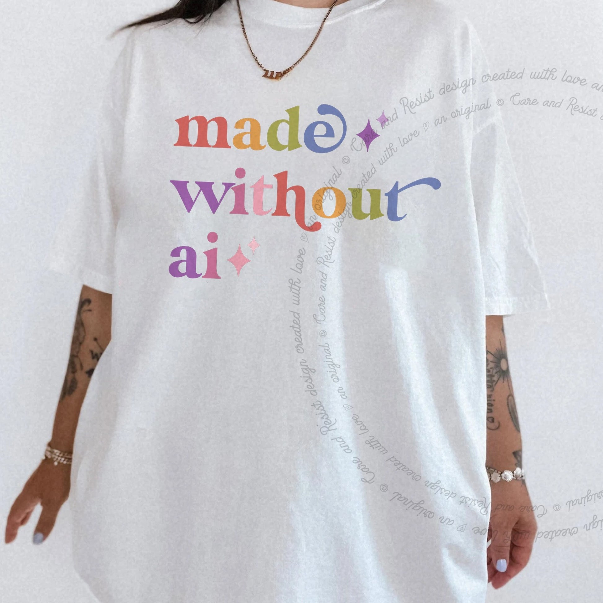 Made Without Ai Care & Resist rainbow Comfort Colors tee, White