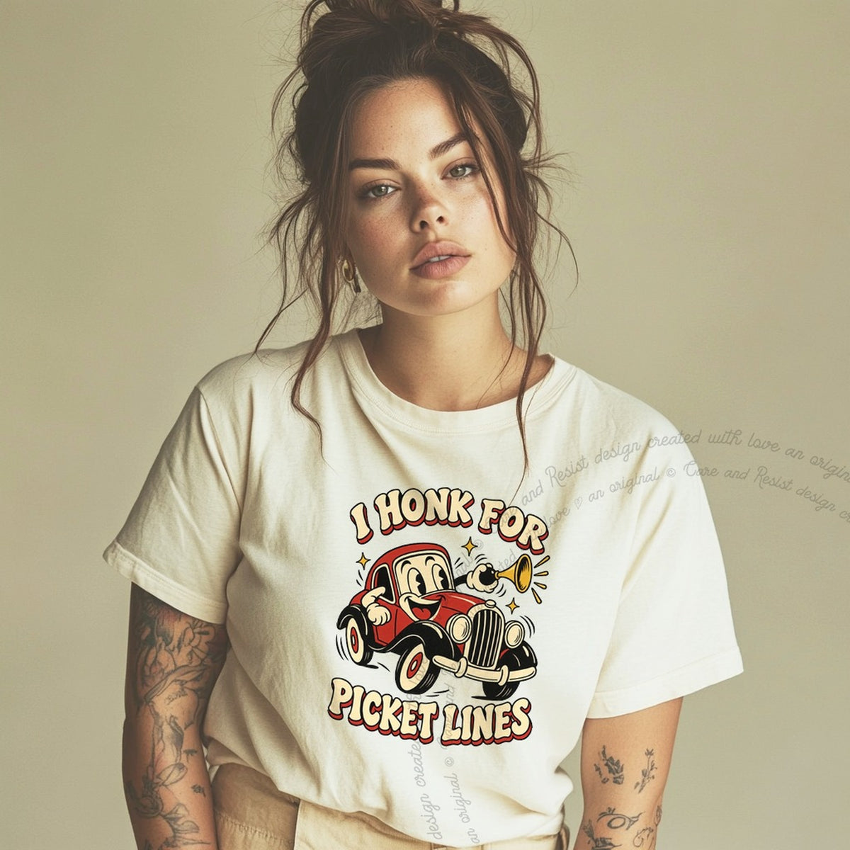 I Honk for Picket Lines Cartoon Care & Resist progressive t-shirt in Ivory
