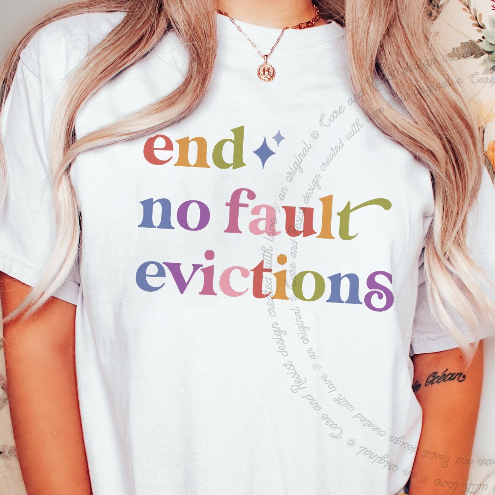 End No Fault Evictions Care & Resist rainbow Comfort Colors tee, White