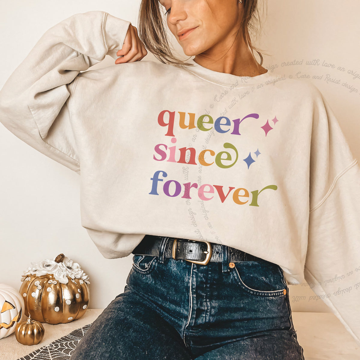 Queer Since Forever Care & Resist Gildan crewneck sweatshirt in Sand