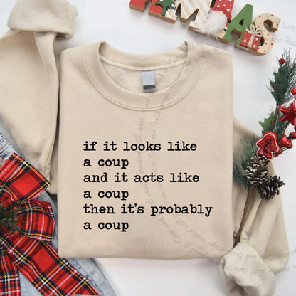 If It Looks Like a Coup and It Acts Like a Coup Then It's Probably a Coup Care & Resist Gildan crewneck sweatshirt in Sand