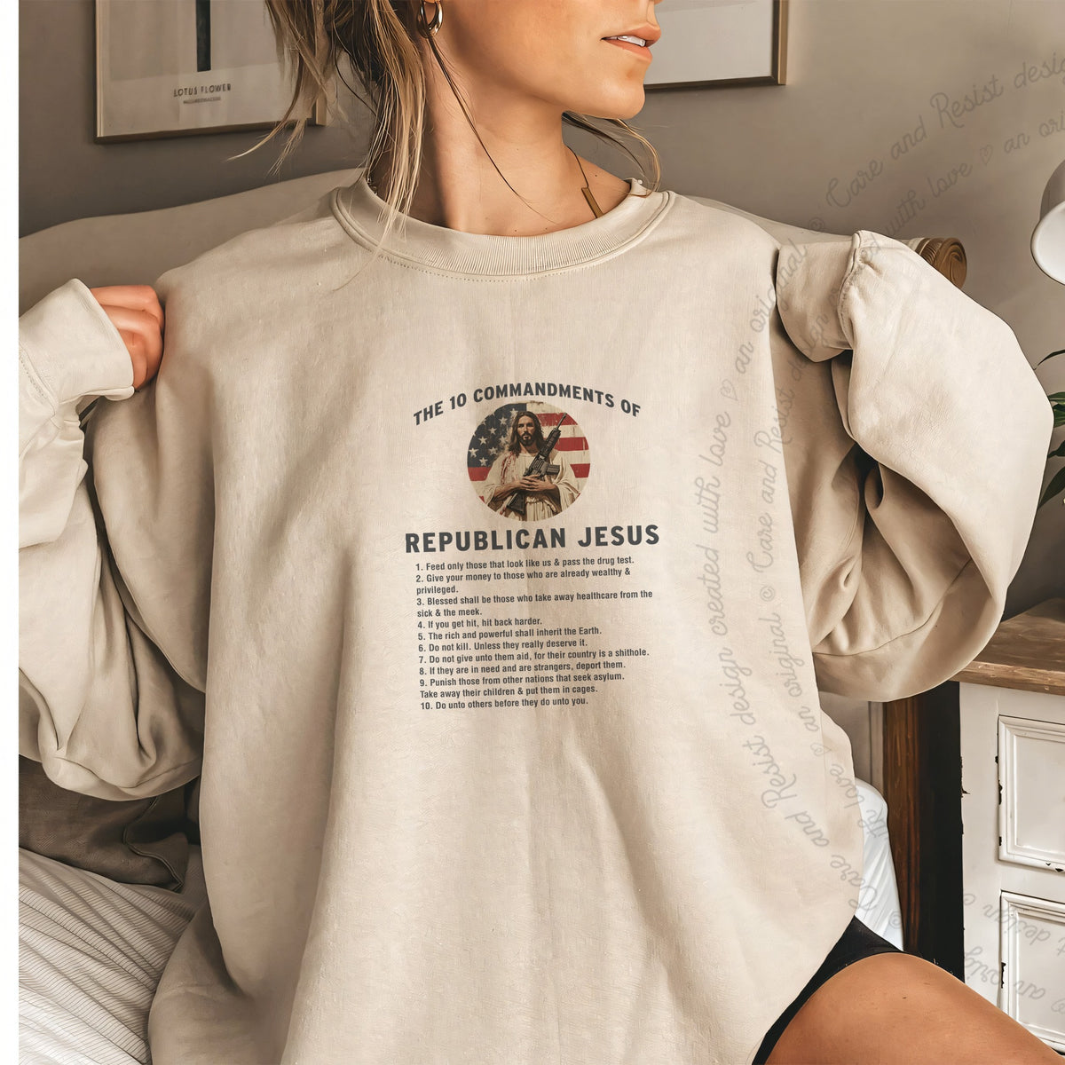 The 10 Commandments of Republican Jesus Care & Resist Gildan crewneck sweatshirt in Sand