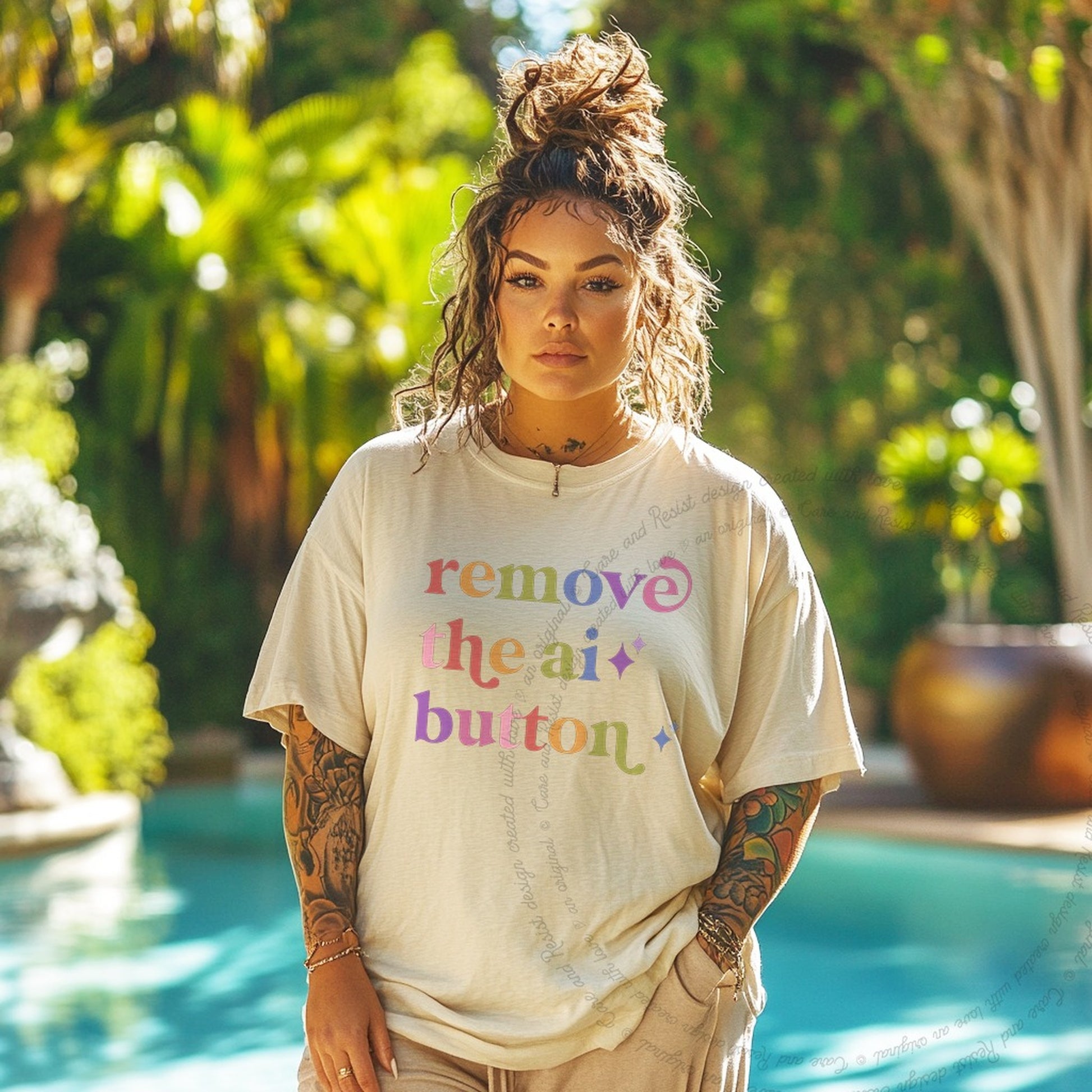 Remove the Ai Button Care & Resist rainbow tee