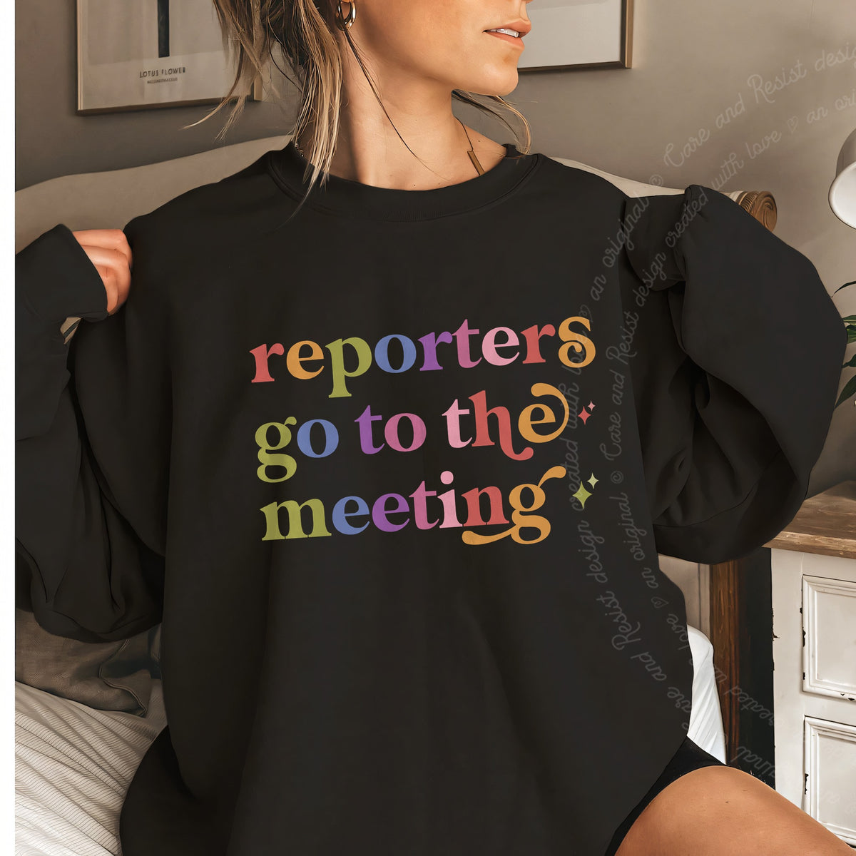 Reporters Go to the Meeting Care & Resist Gildan crewneck sweatshirt in Black