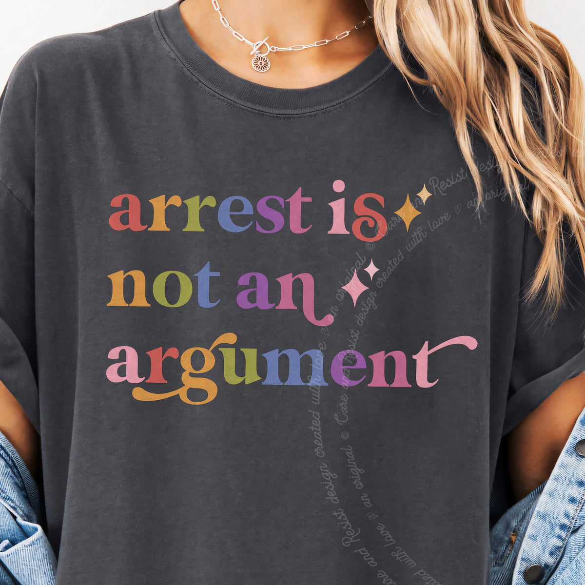 Arrest is not an Argument Care & Resist tee in Graphite, close-up of the lettering