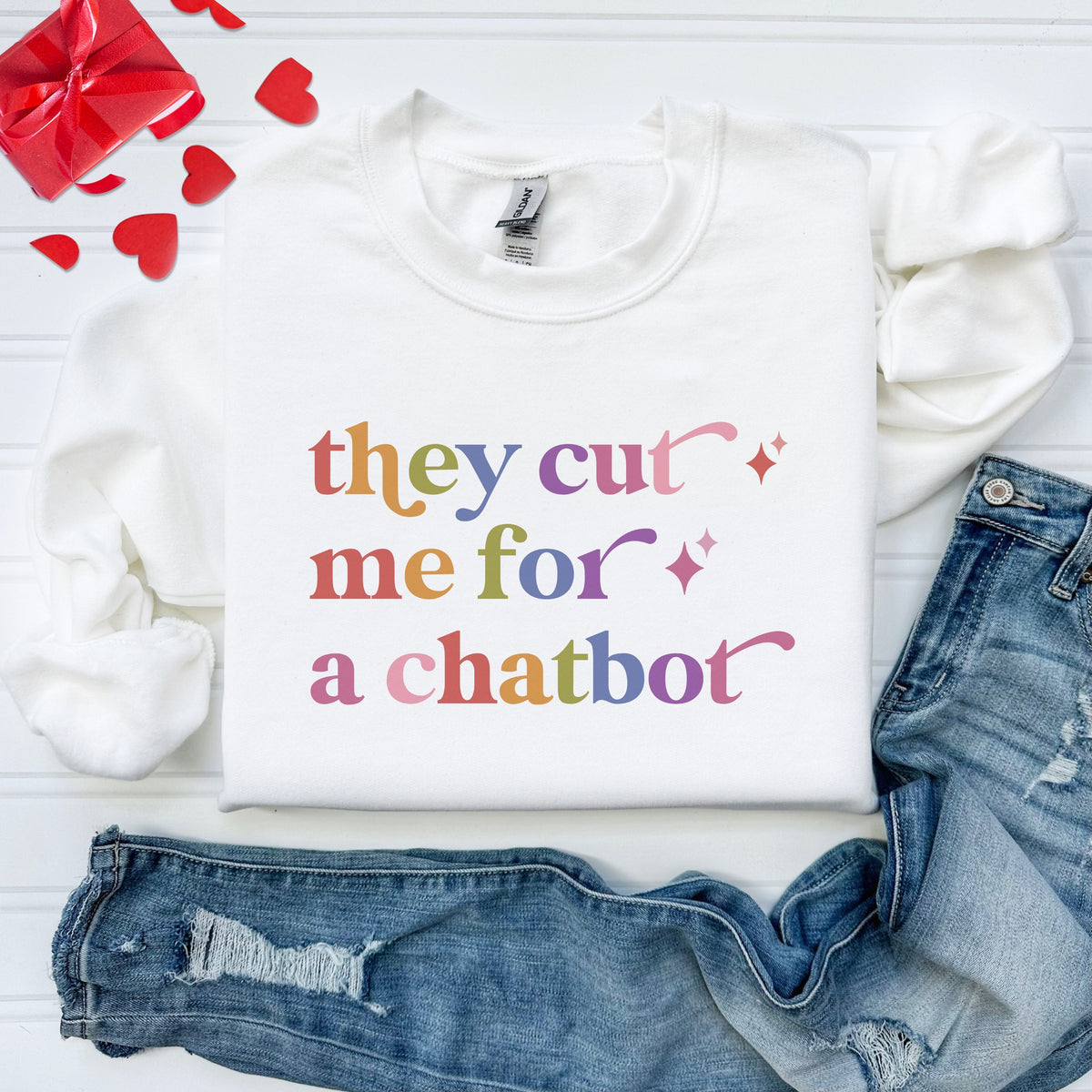 They Cut Me for a Chatbot Care & Resist Gildan crewneck sweatshirt in White
