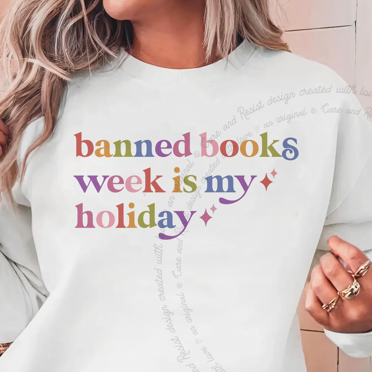 Banned Books Week is My Holiday Care & Resist Gildan crewneck sweatshirt in White