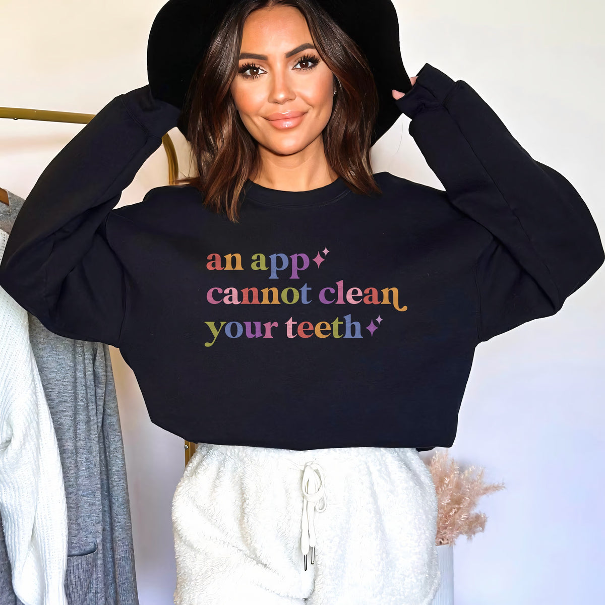 An App Cannot Clean Your Teeth Care & Resist Gildan crewneck sweatshirt in Black