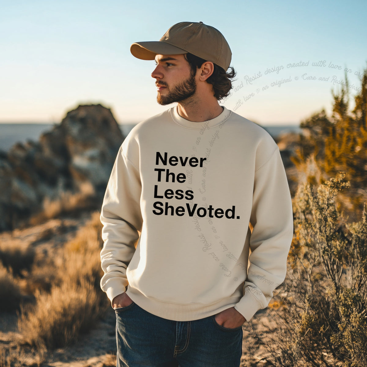 Nevertheless She Voted Care & Resist Gildan crewneck sweatshirt in Sand