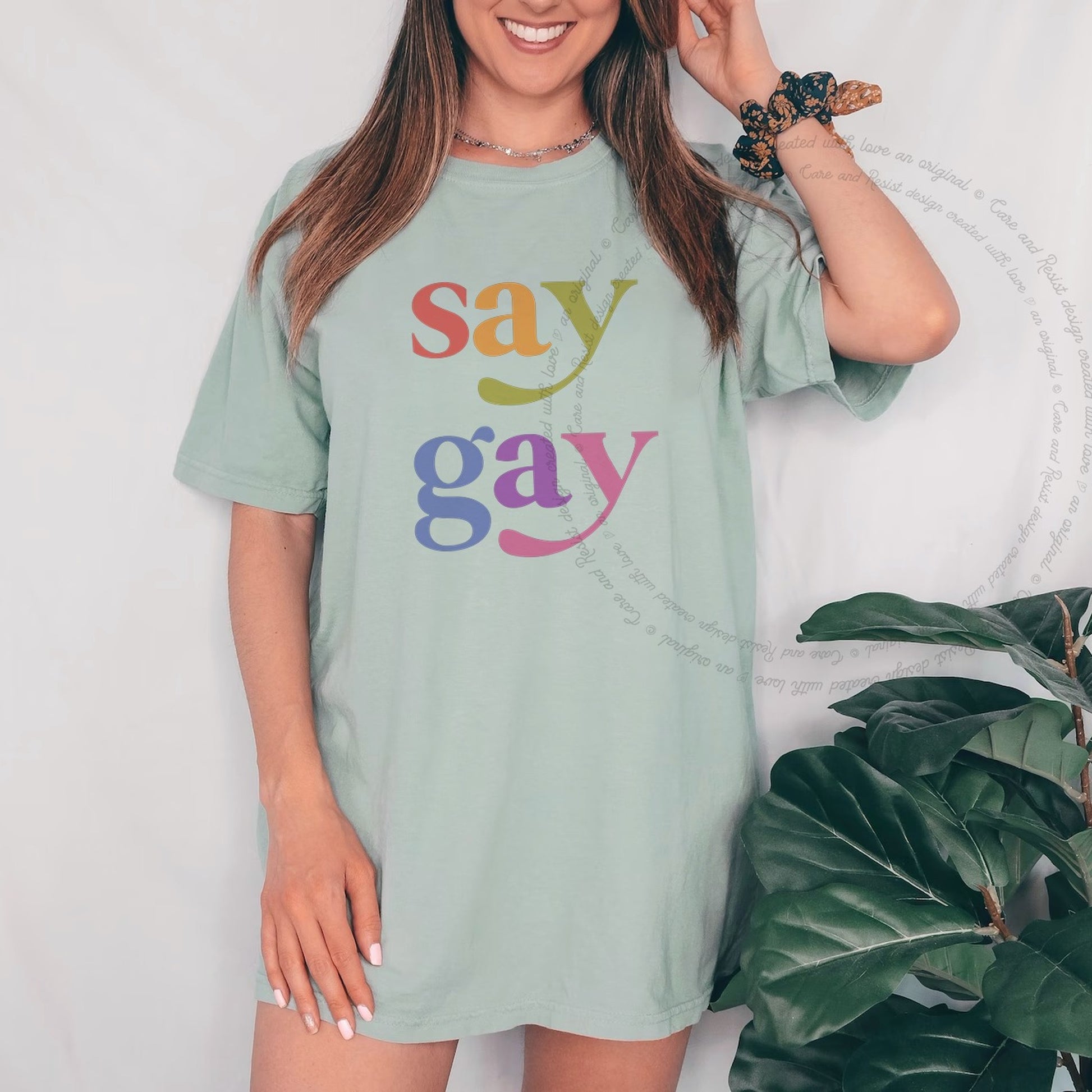 Say Gay Care & Resist rainbow Comfort Colors tee, Bay