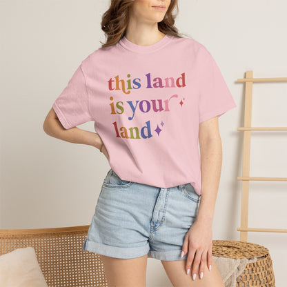 This Land is Your Land Care & Resist rainbow Comfort Colors tee