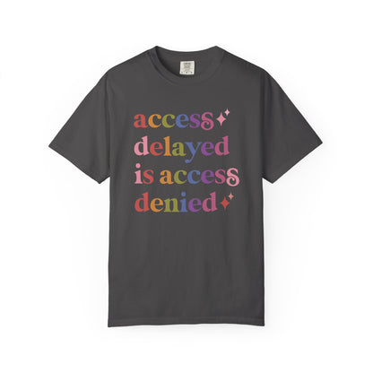 Access Delayed is Access Denied Care & Resist rainbow Comfort Colors tee