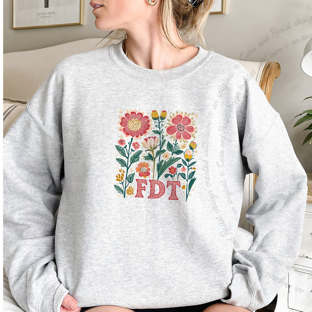 FDT Floral Care & Resist Gildan crewneck sweatshirt in Sport Grey