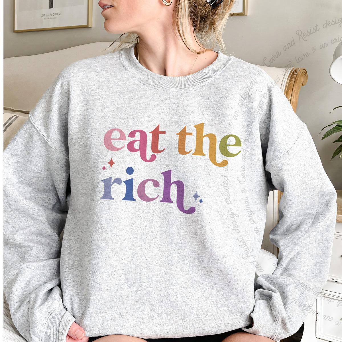 Eat the Rich Care & Resist Gildan crewneck sweatshirt in Sport Grey