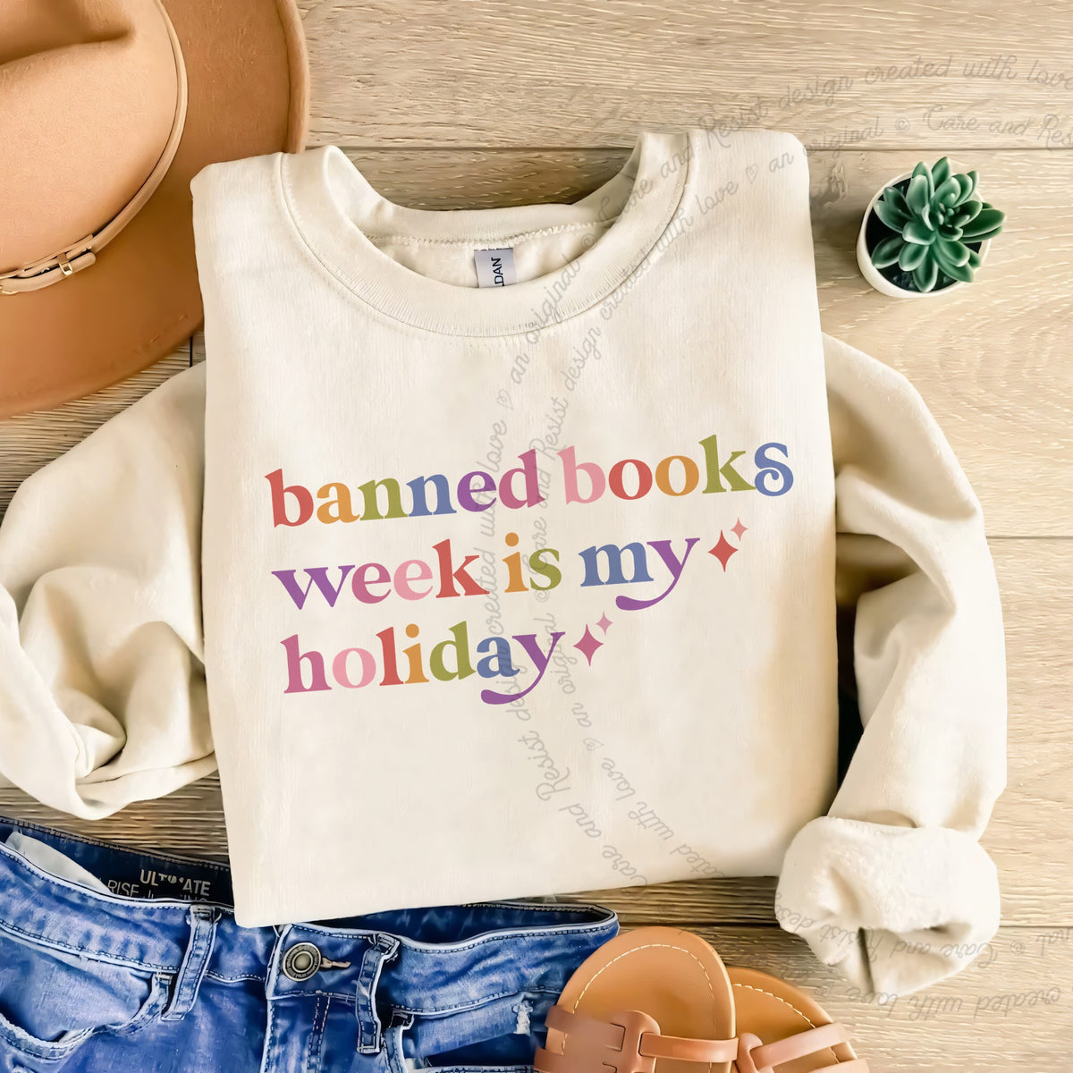 Banned Books Week is My Holiday Care & Resist Gildan crewneck sweatshirt in Sand