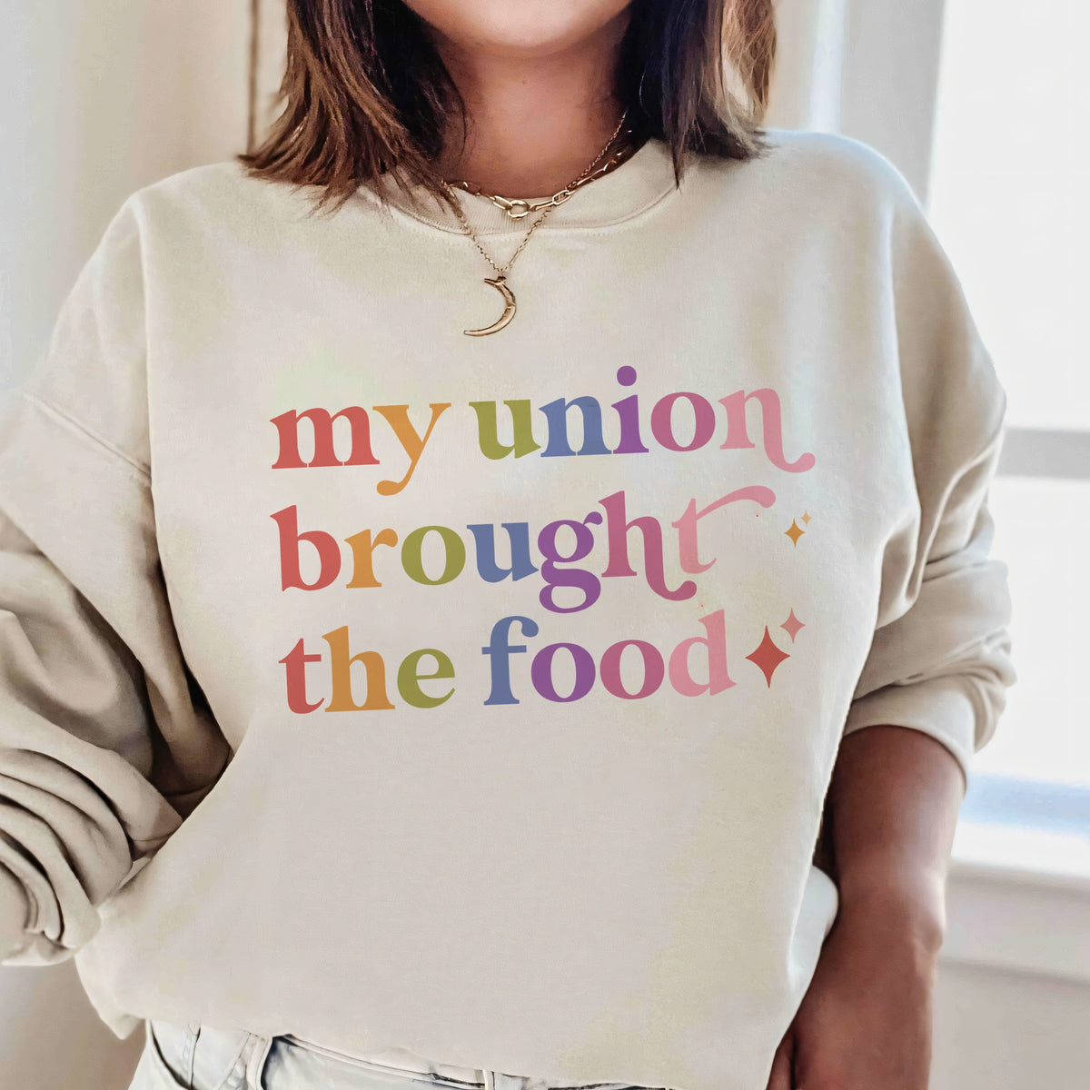 My Union Brought the Food Care & Resist Gildan crewneck sweatshirt in Sand