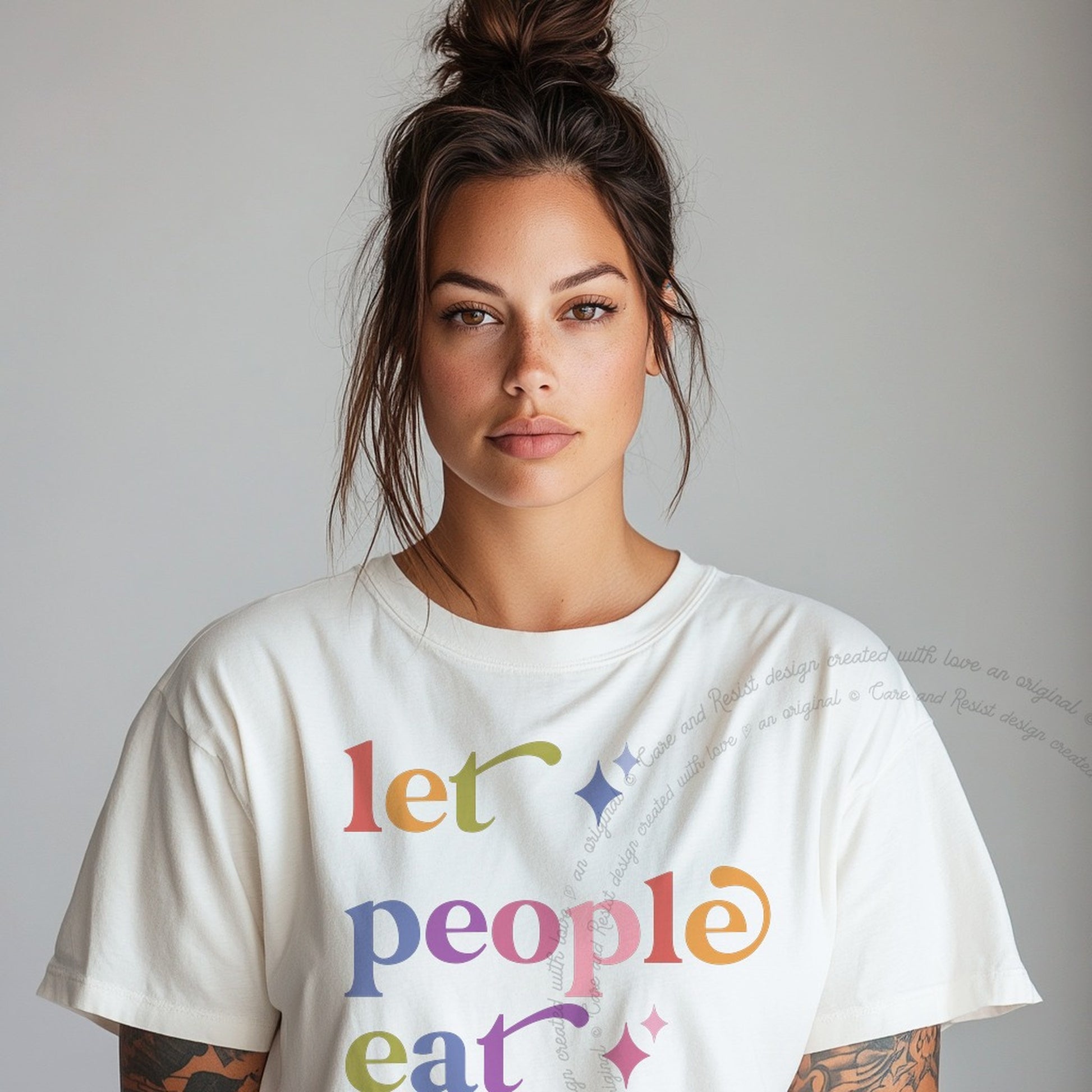Let People Eat Care & Resist rainbow Comfort Colors tee, White