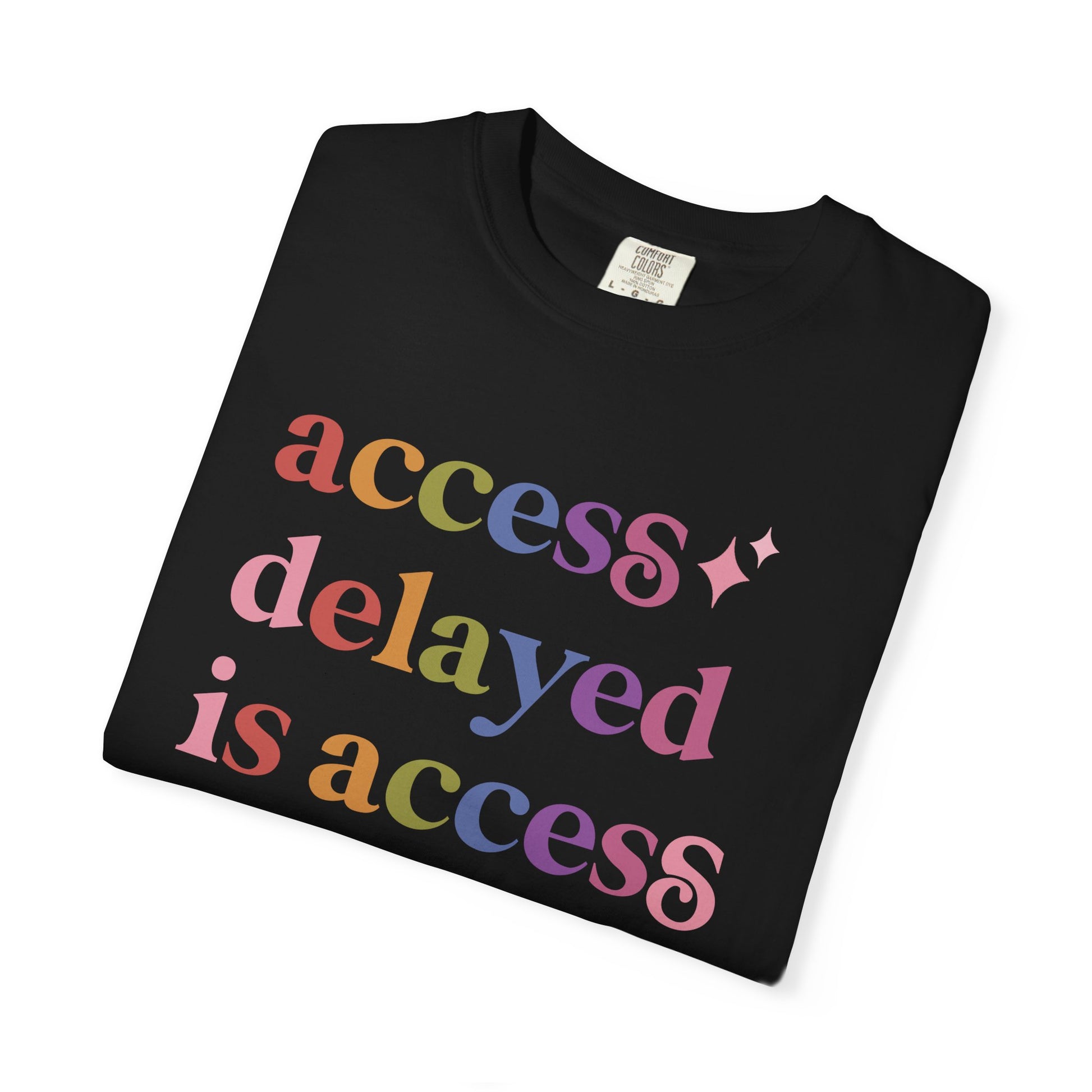 Access Delayed is Access Denied Care & Resist rainbow Comfort Colors tee