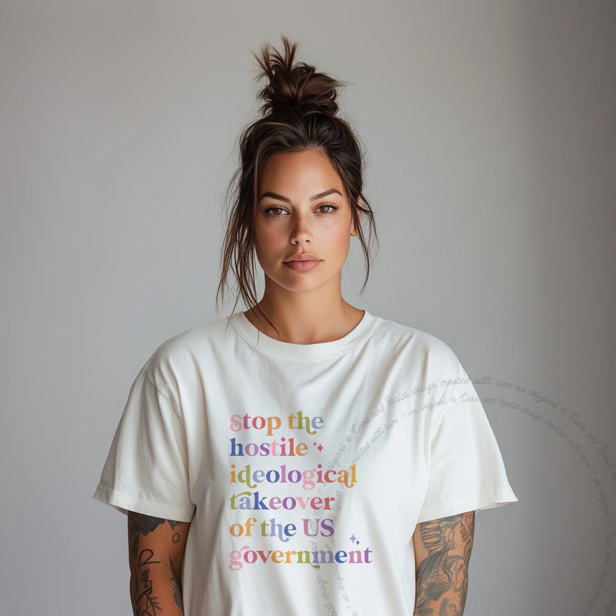 Stop the Hostile Ideological Takeover of the US Government Care & Resist progressive t-shirt in Ivory