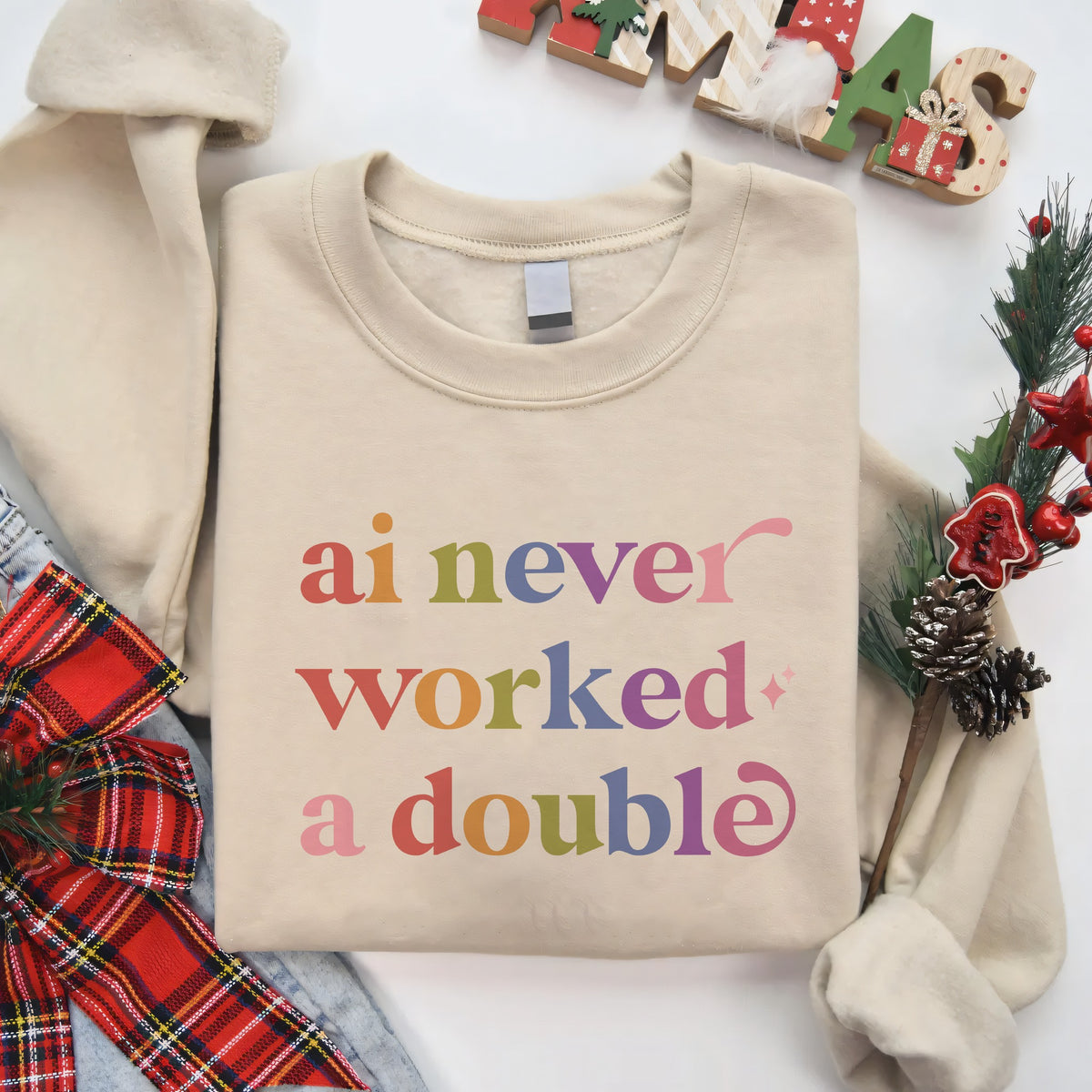 Ai Never Worked a Double Care & Resist Gildan crewneck sweatshirt in Sand