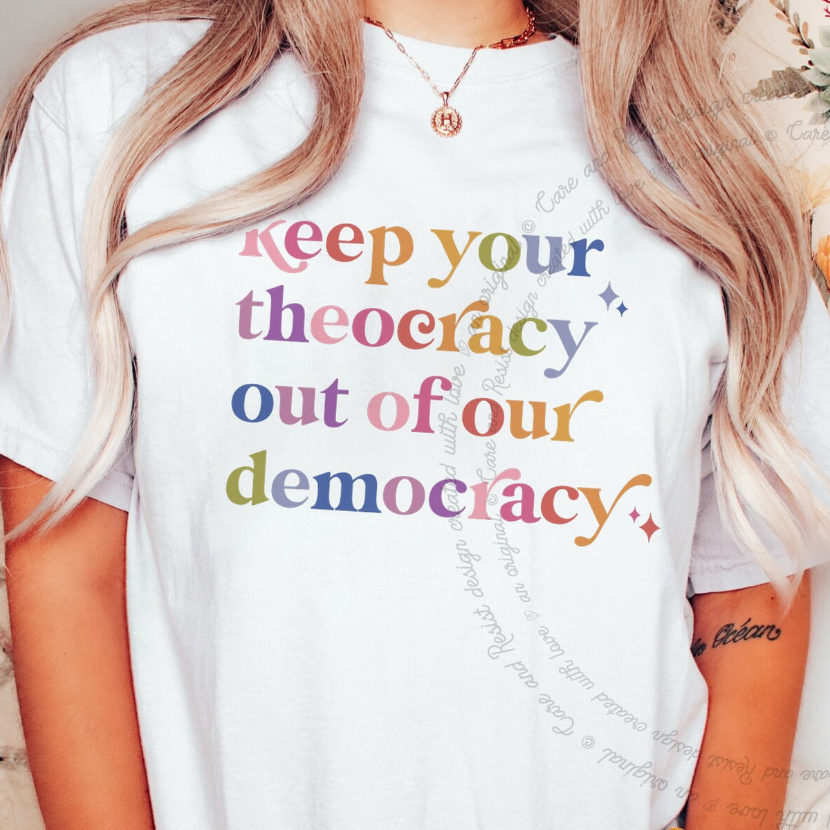 Keep Your Theocracy Out of Our Democracy Care & Resist progressive t-shirt in White