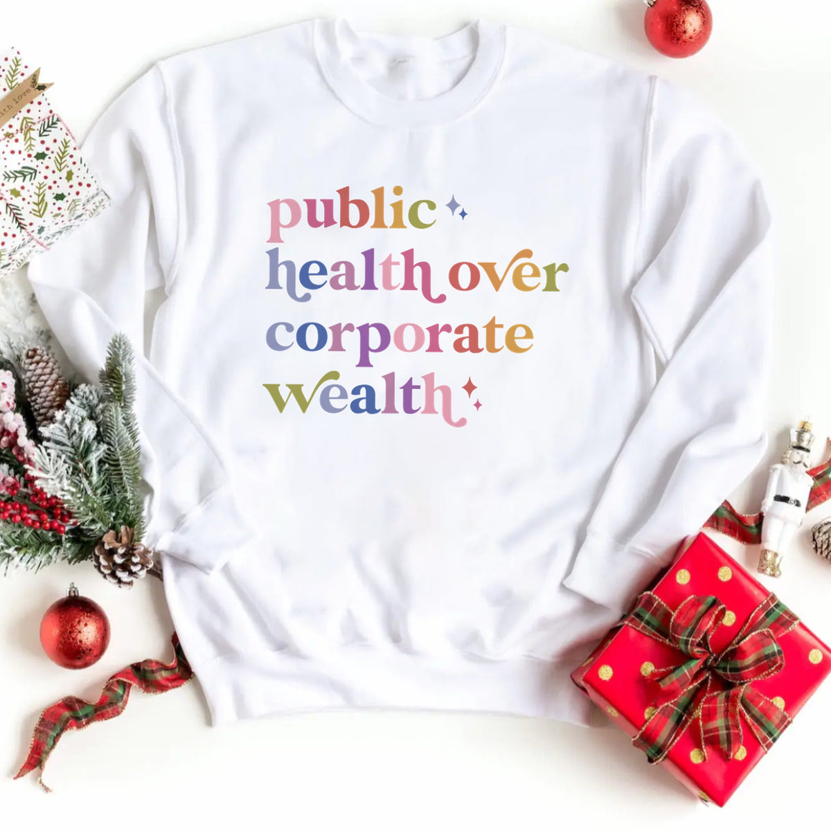 Public Health Over Corporate Wealth Care & Resist Gildan crewneck sweatshirt in White