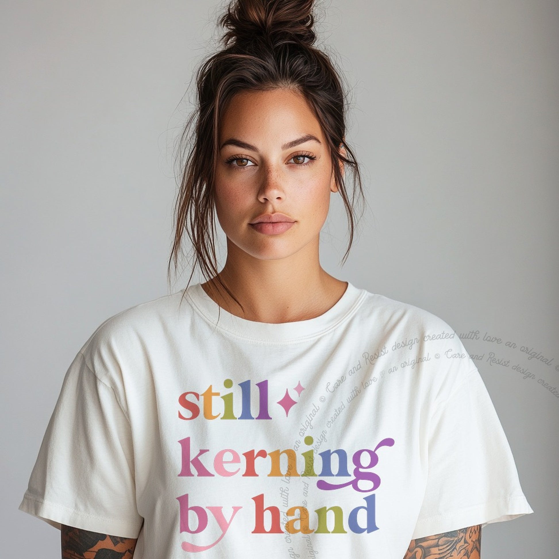 Still Kerning By Hand Care & Resist rainbow Comfort Colors tee, White