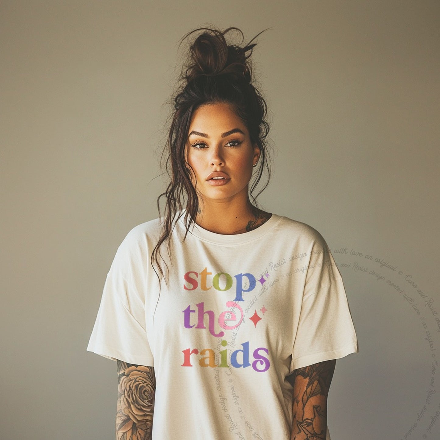Stop the Raids Care & Resist rainbow Comfort Colors tee, Ivory