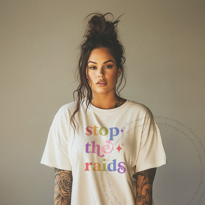 Stop the Raids Care & Resist rainbow Comfort Colors tee, Ivory