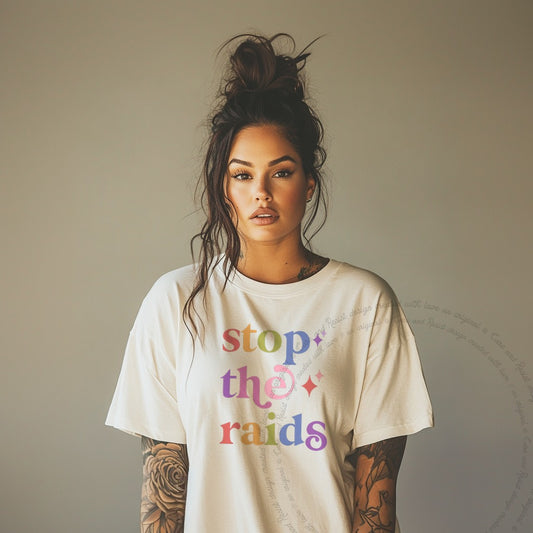 Stop the Raids Care & Resist rainbow Comfort Colors tee, Ivory
