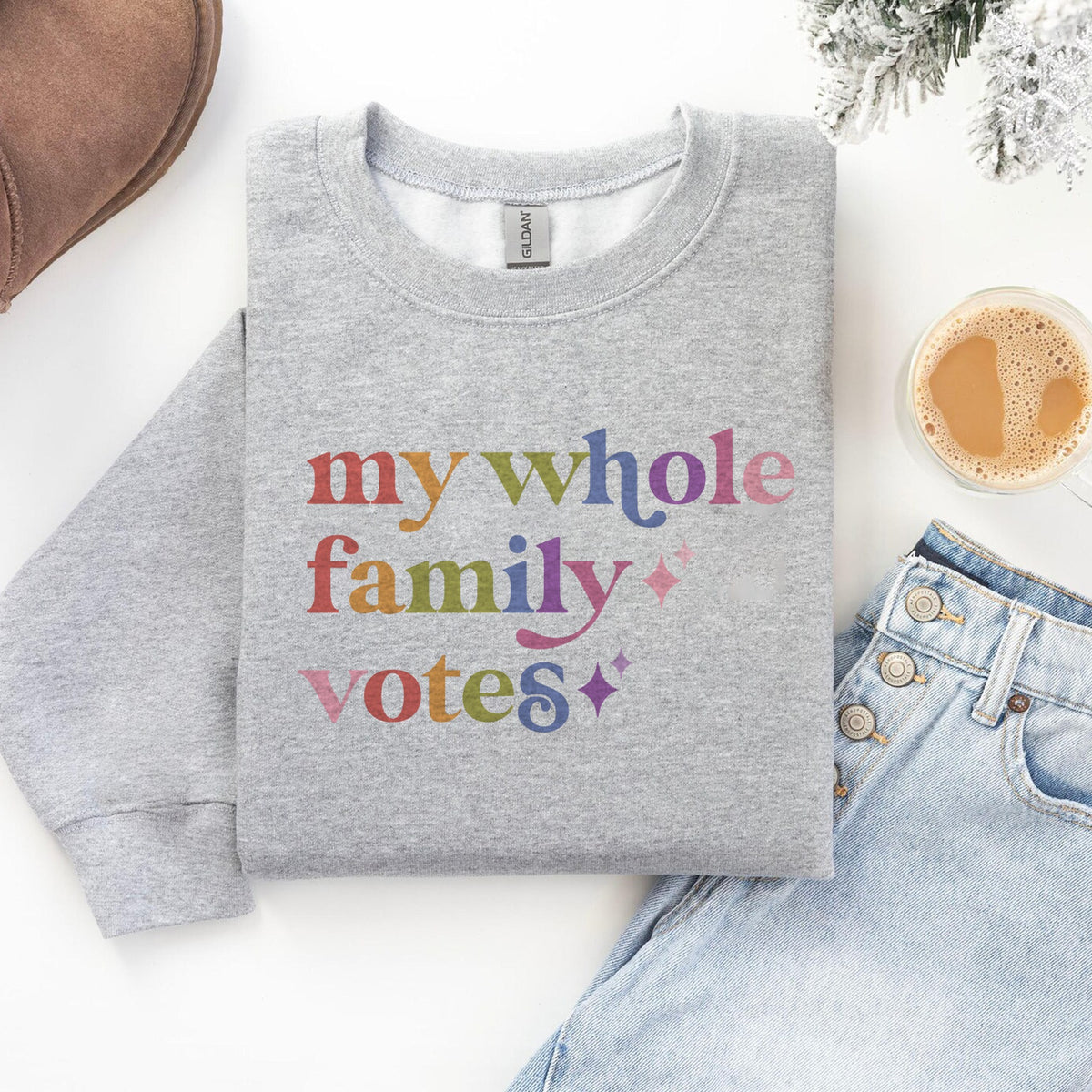 My Whole Family Votes Care & Resist Gildan crewneck sweatshirt in Sport Grey