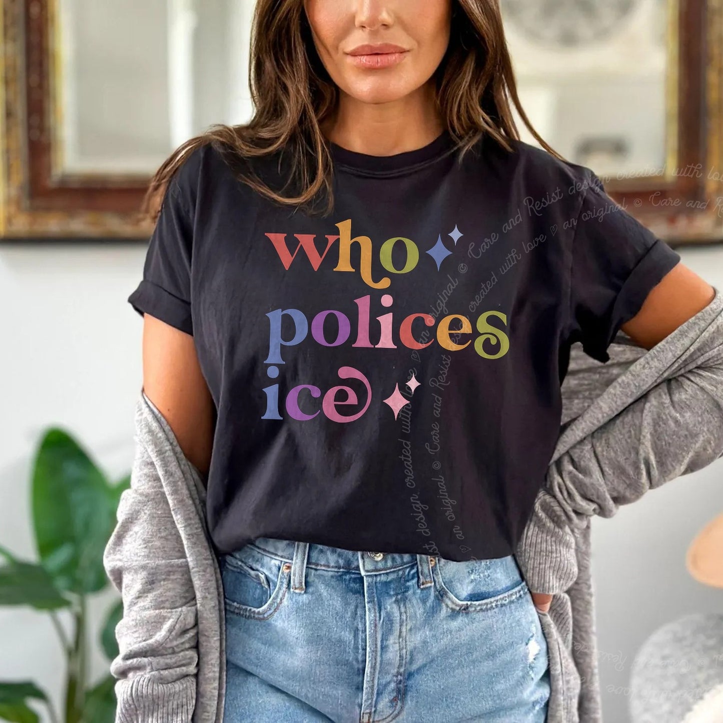Who Polices Ice Care & Resist rainbow Comfort Colors tee, Black