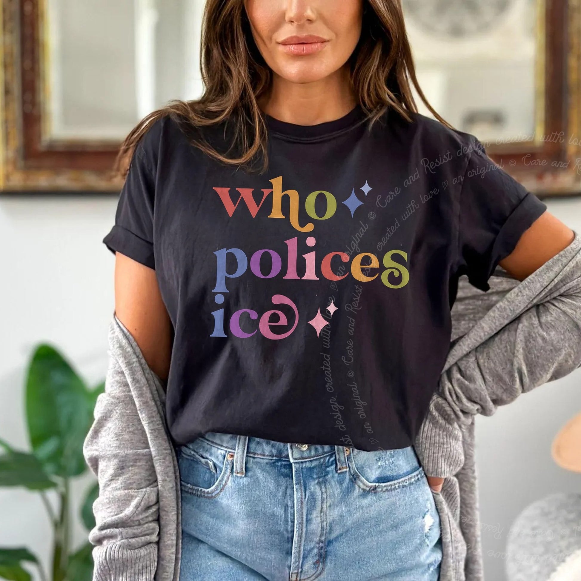 Who Polices Ice Care & Resist rainbow Comfort Colors tee, Black