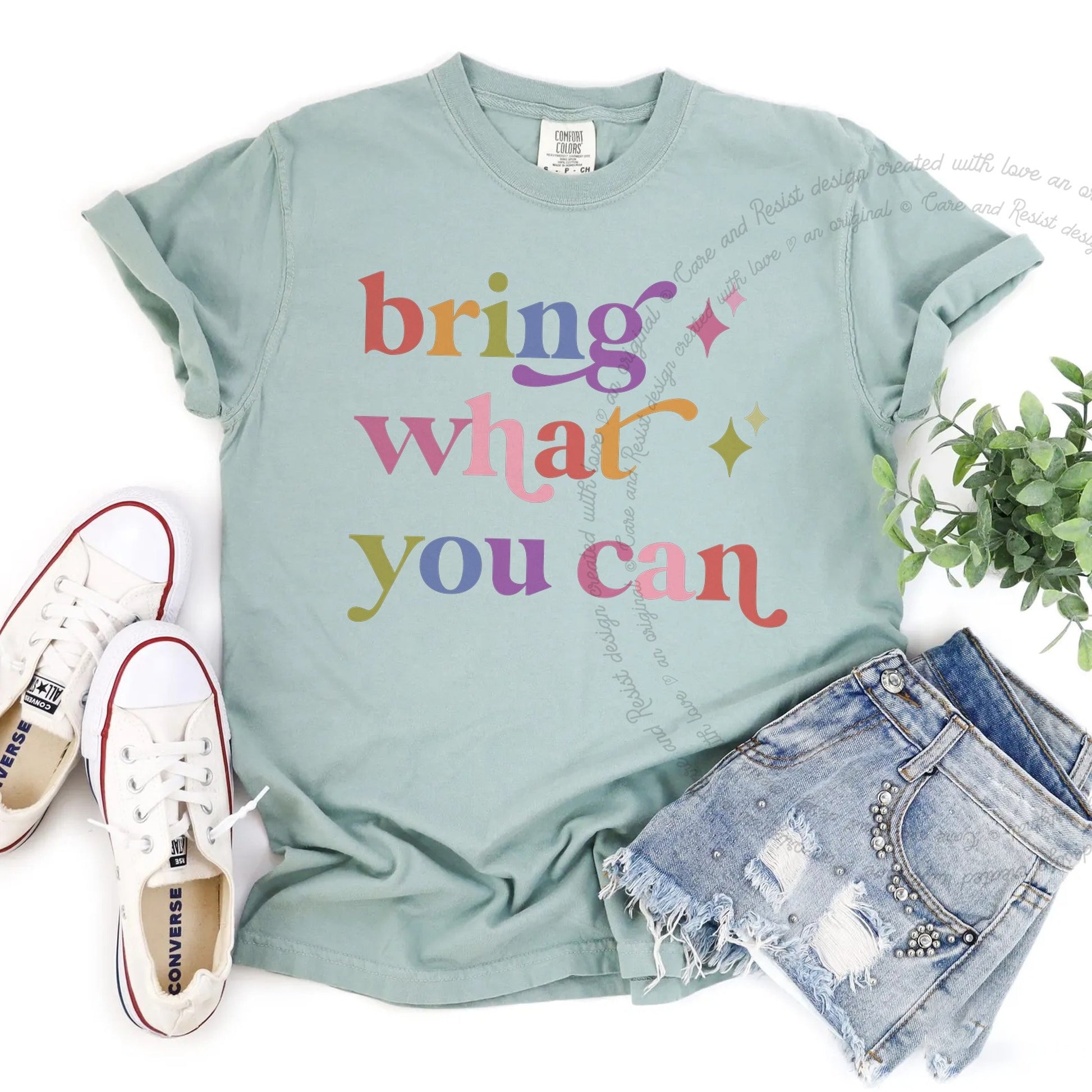 Bring What You Can Care & Resist rainbow Comfort Colors tee, Bay