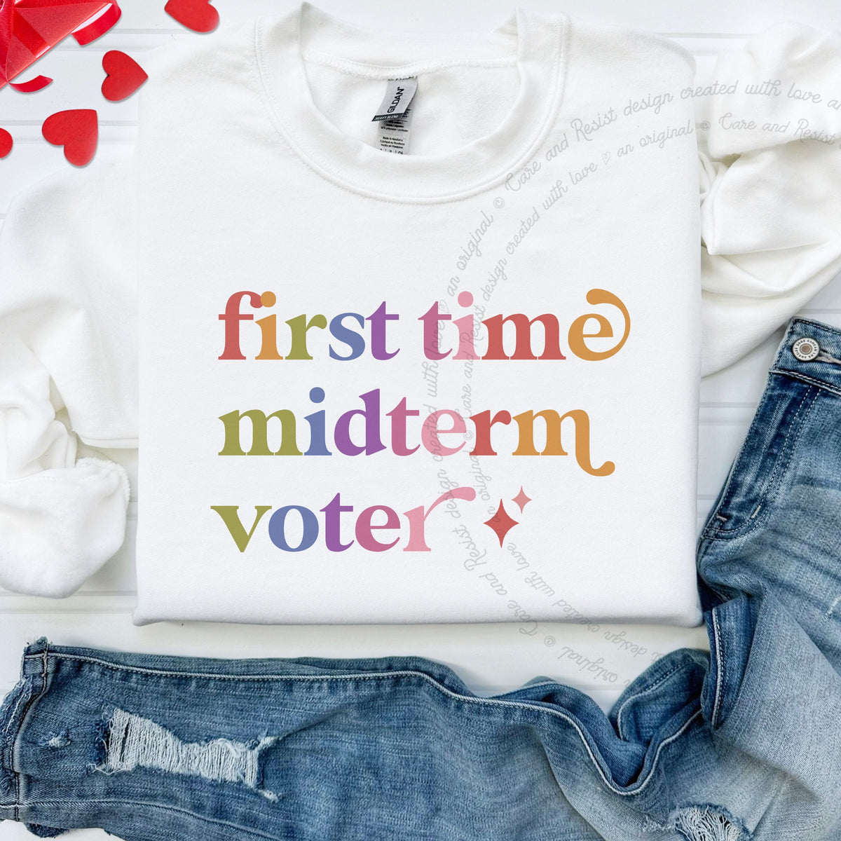 First Time Midterm Voter Care & Resist Gildan crewneck sweatshirt in White
