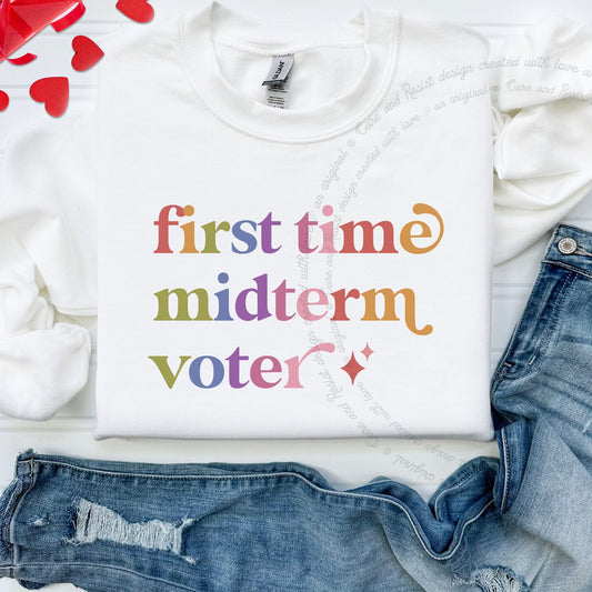 First Time Midterm Voter Care & Resist Gildan crewneck sweatshirt in White