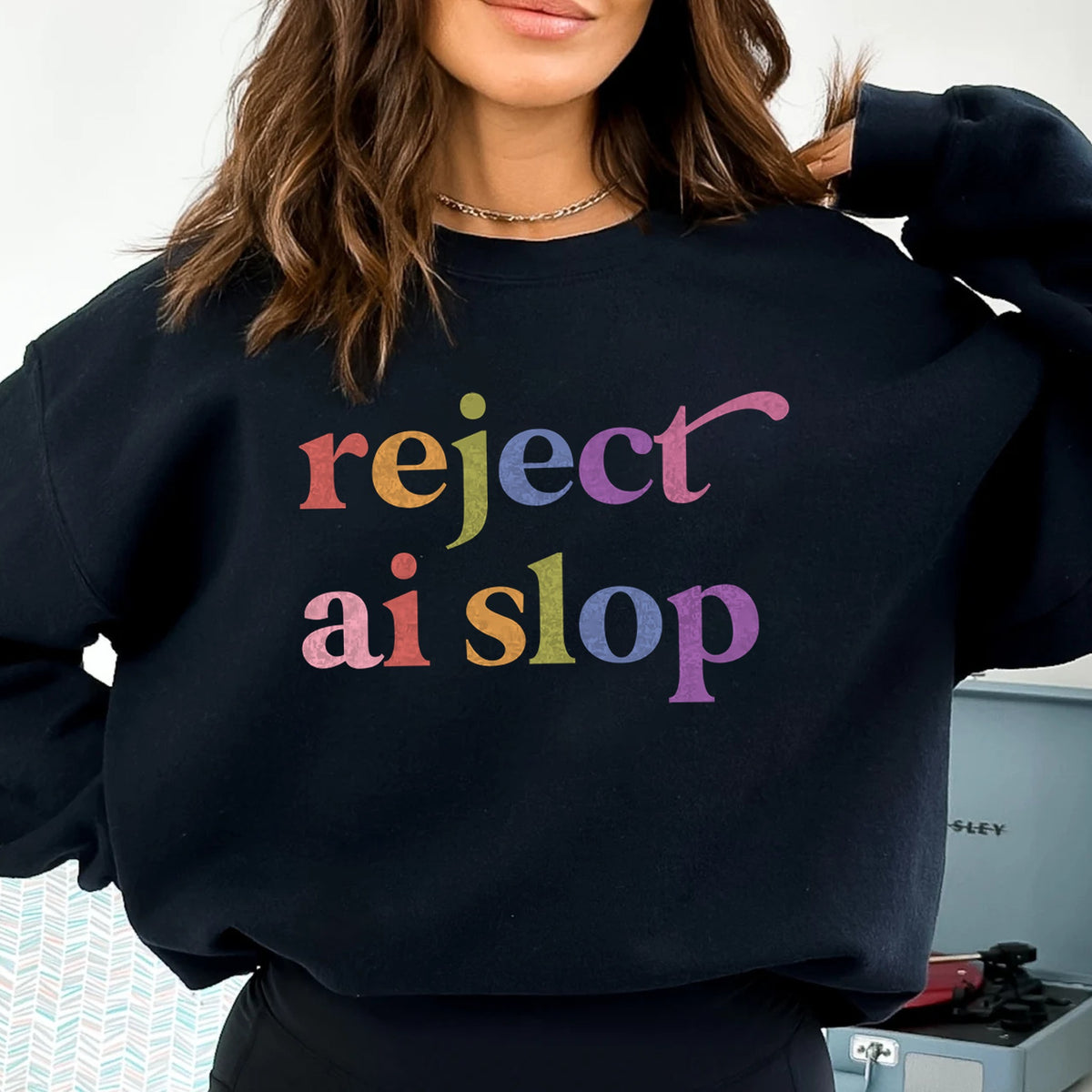 Reject AI Slop Care & Resist Gildan crewneck sweatshirt in Black