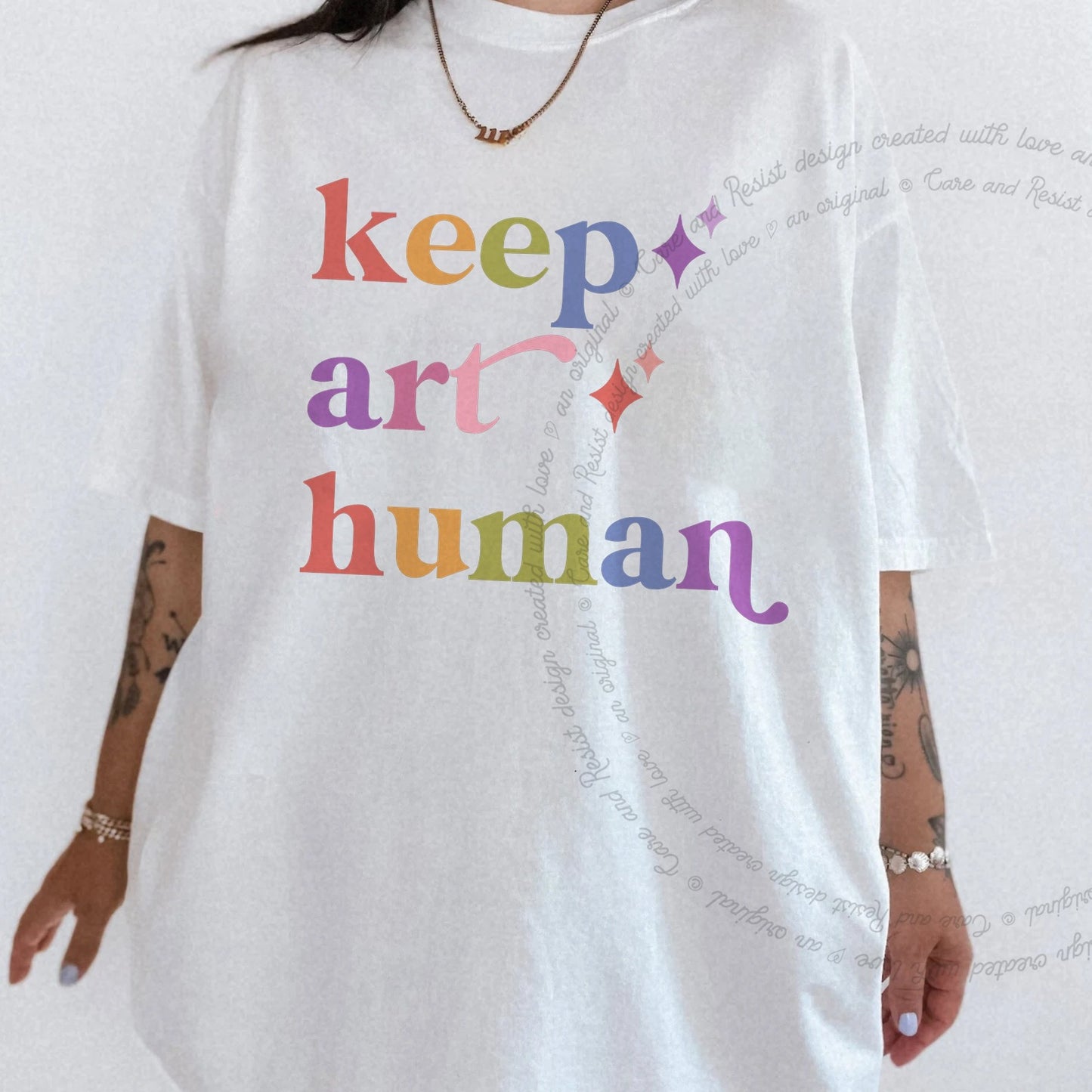 Keep Art Human Care & Resist rainbow Comfort Colors tee, White