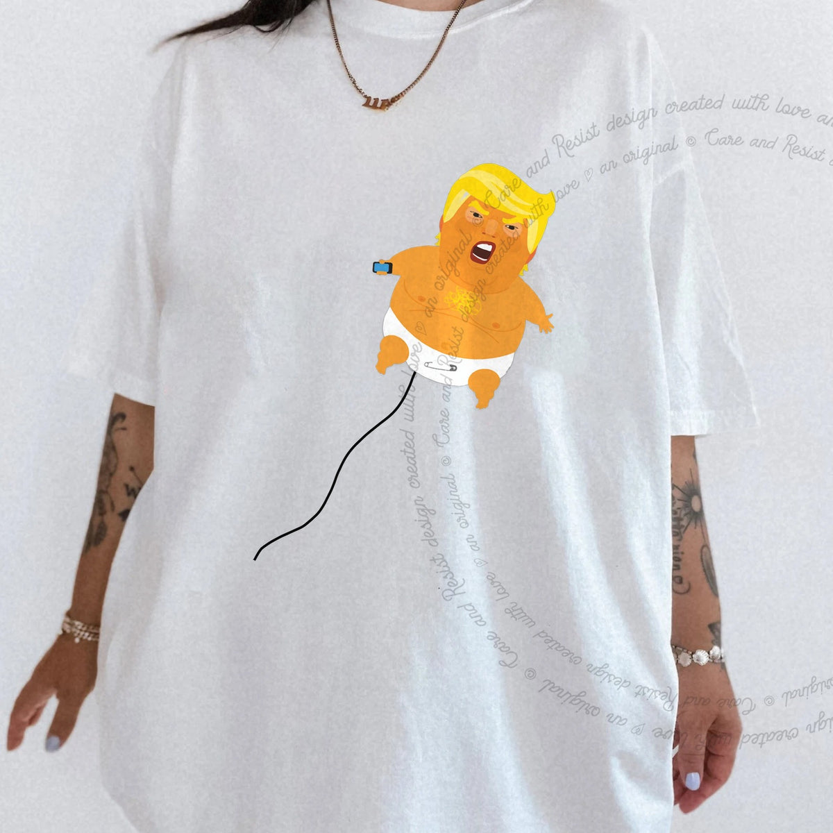 Trump Baby Blimp Care & Resist progressive t-shirt in White