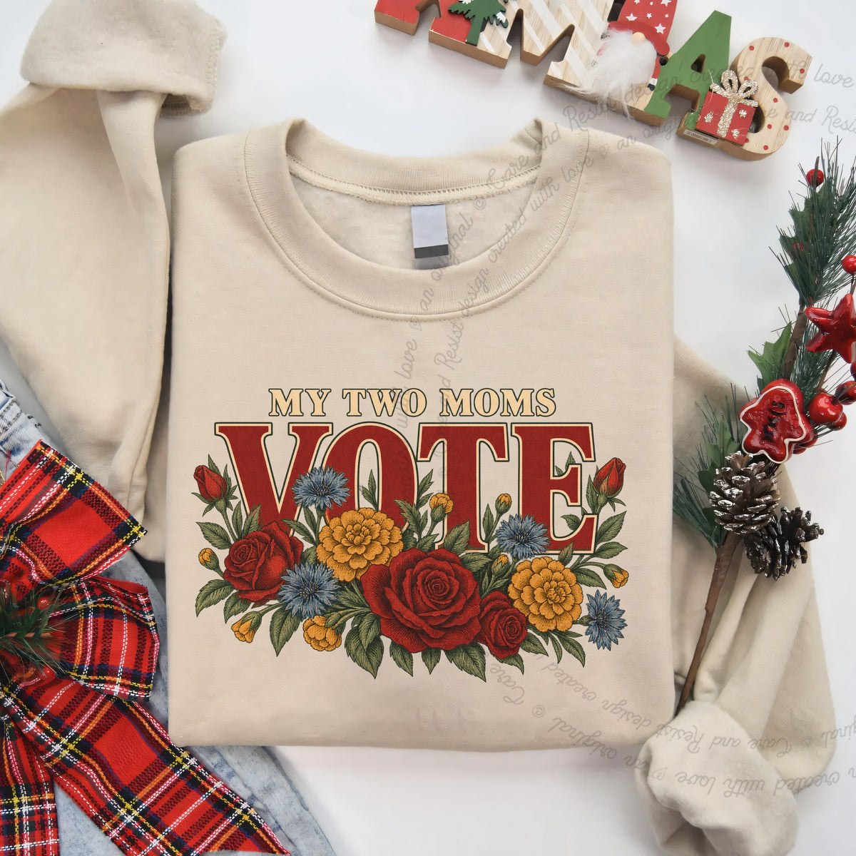 My Two Moms Vote Bouquet Care & Resist Gildan crewneck sweatshirt in Sand