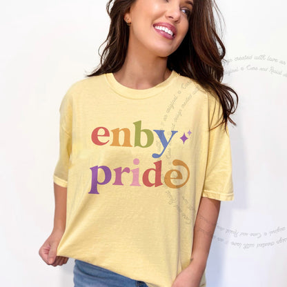 Enby Pride Care & Resist rainbow Comfort Colors tee, Banana