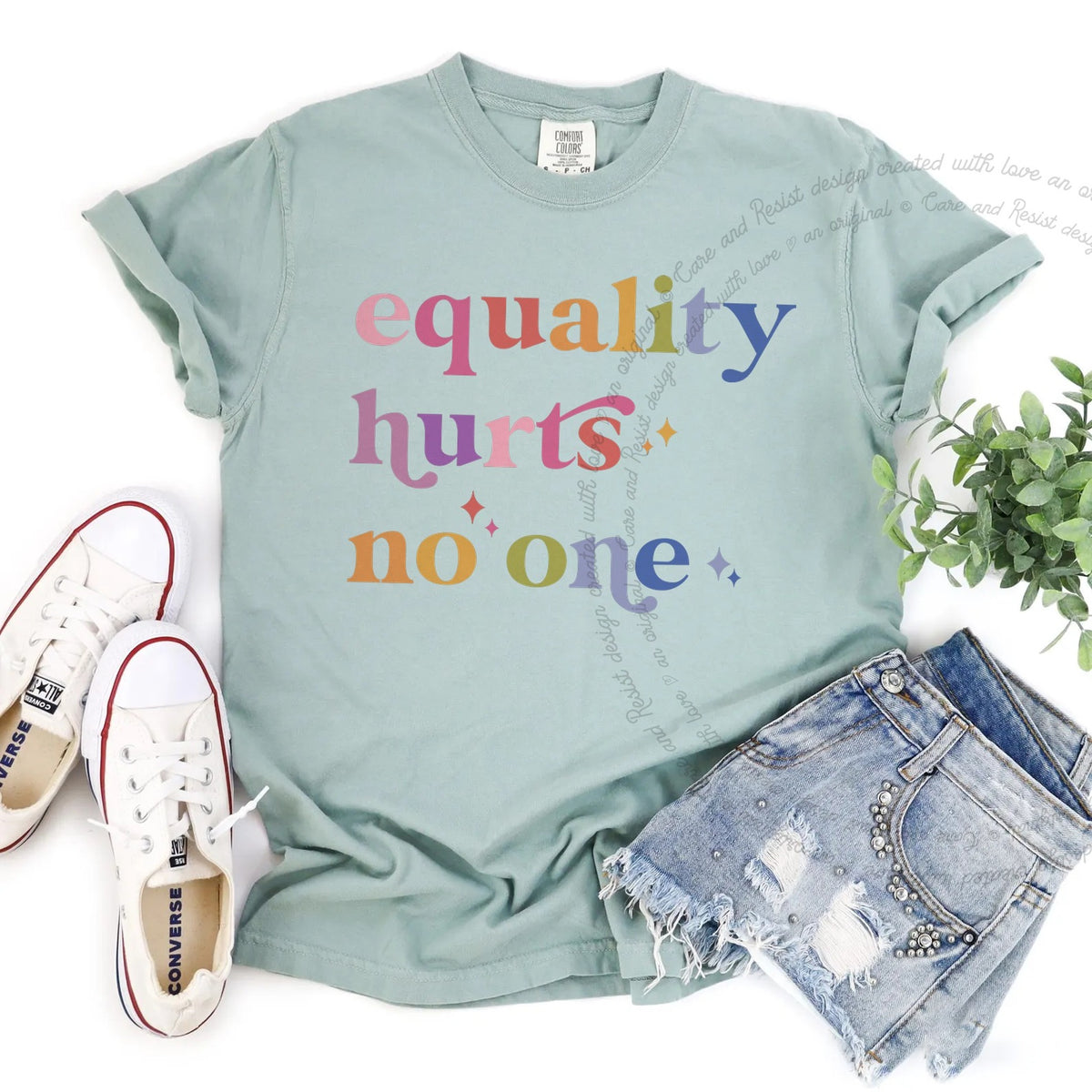 Equality Hurts No One Care & Resist progressive t-shirt in Bay
