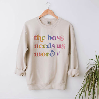 The Boss Needs Us More Care & Resist Gildan crewneck sweatshirt in Sand