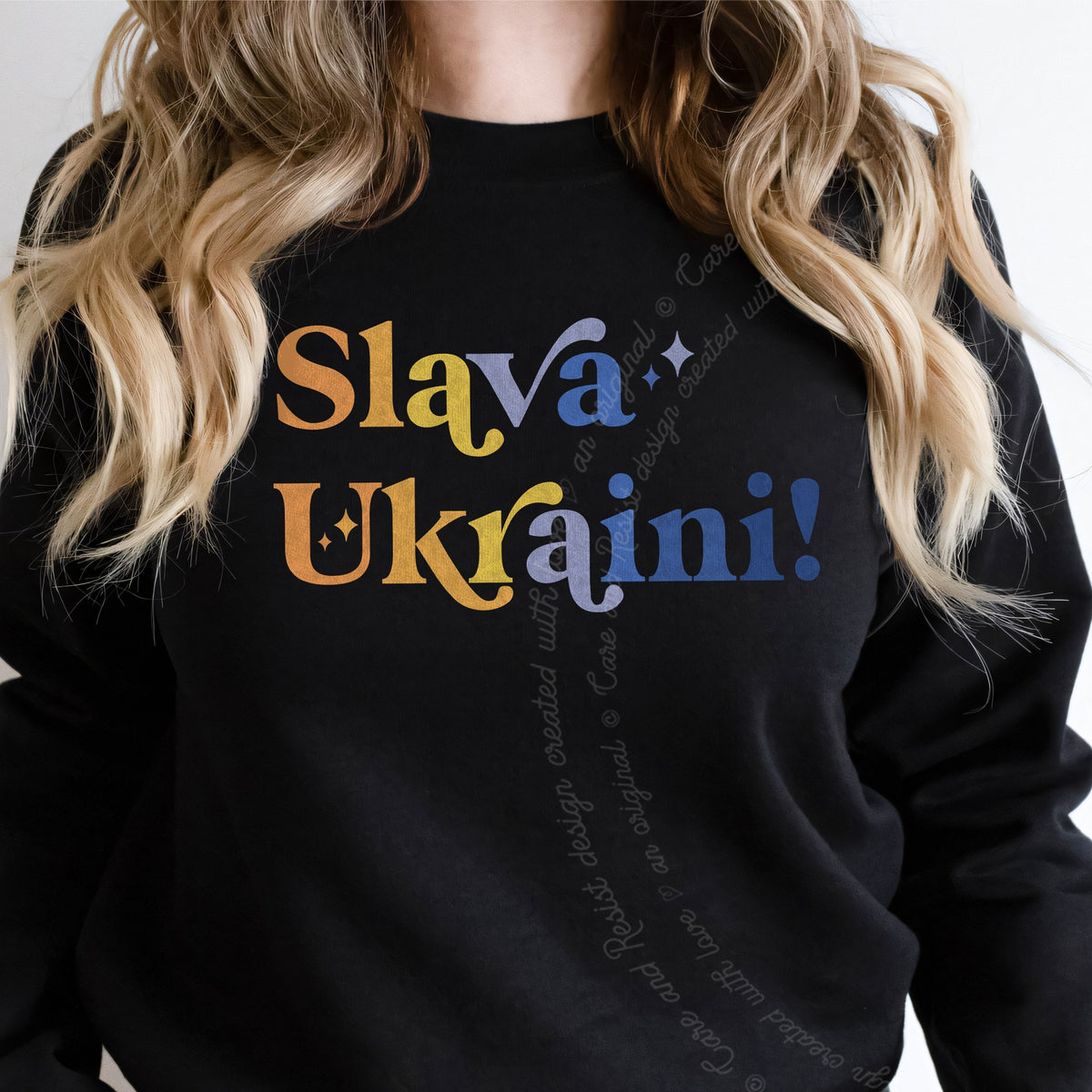 Slava Ukraini Care & Resist Gildan crewneck sweatshirt in Black
