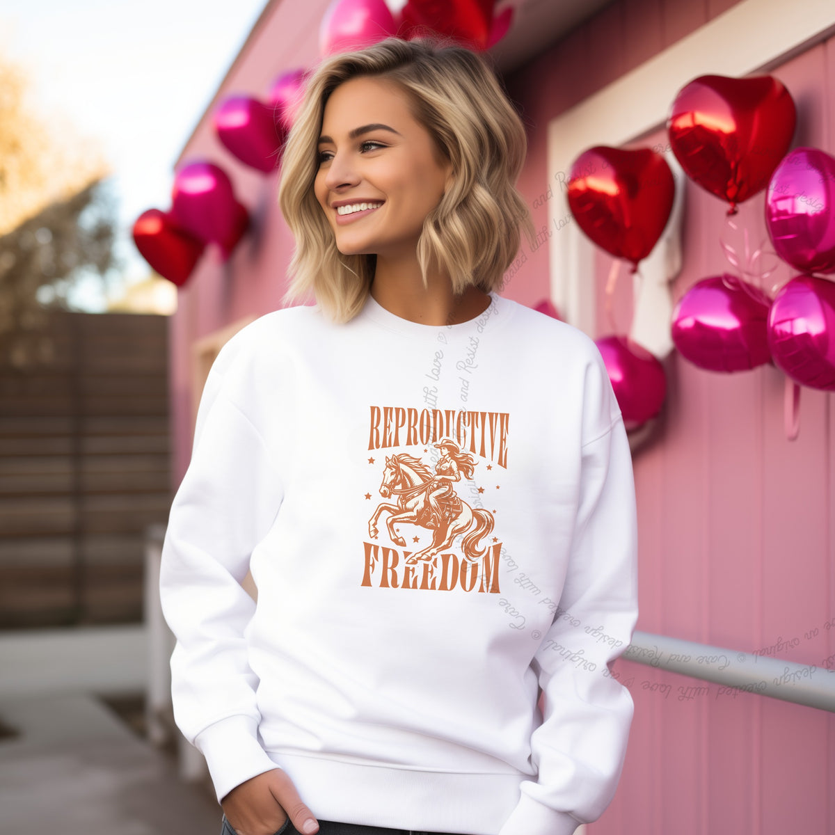 Reproductive Freedom Care & Resist Gildan crewneck sweatshirt in White