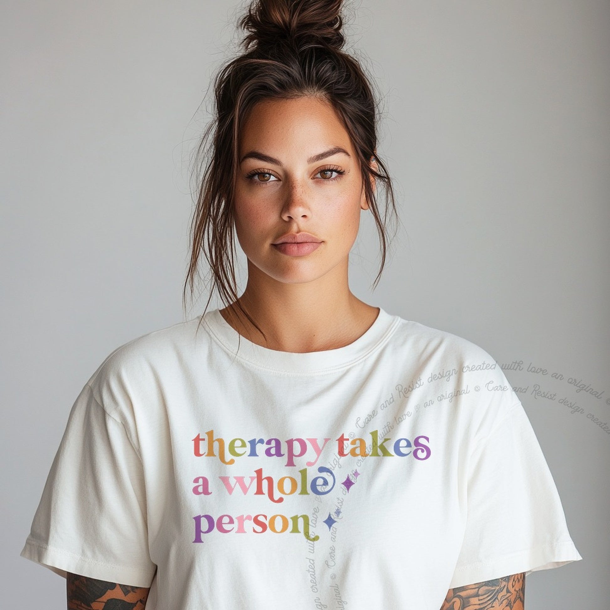 Therapy Takes a Whole Person Care & Resist rainbow Comfort Colors tee, White