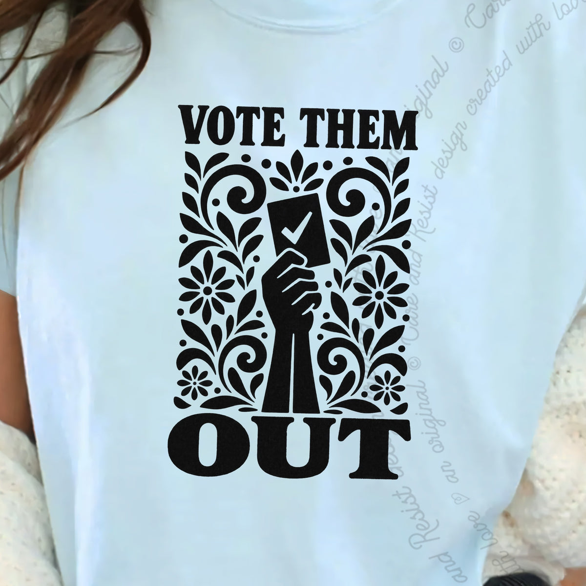 Vote Them Out Ballot Stencil Care & Resist progressive t-shirt in Chambray